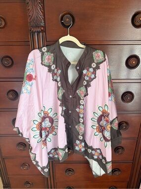 Bohemian Floral Embroidered Pink and Brown Women's Kimono Top